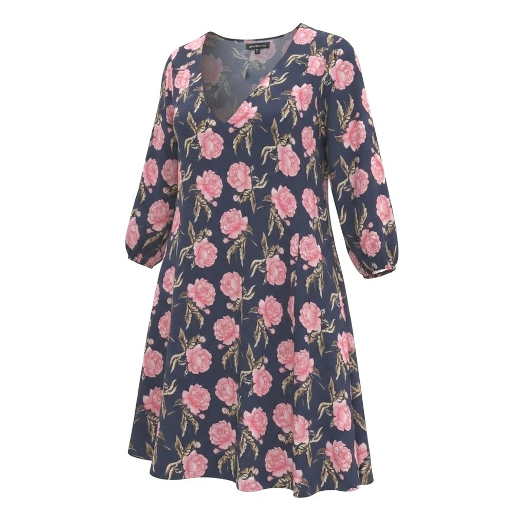 Studio West Navy Pink Peony Floral V-Neck 3/4 Sleeve Shift Dress Tunic L